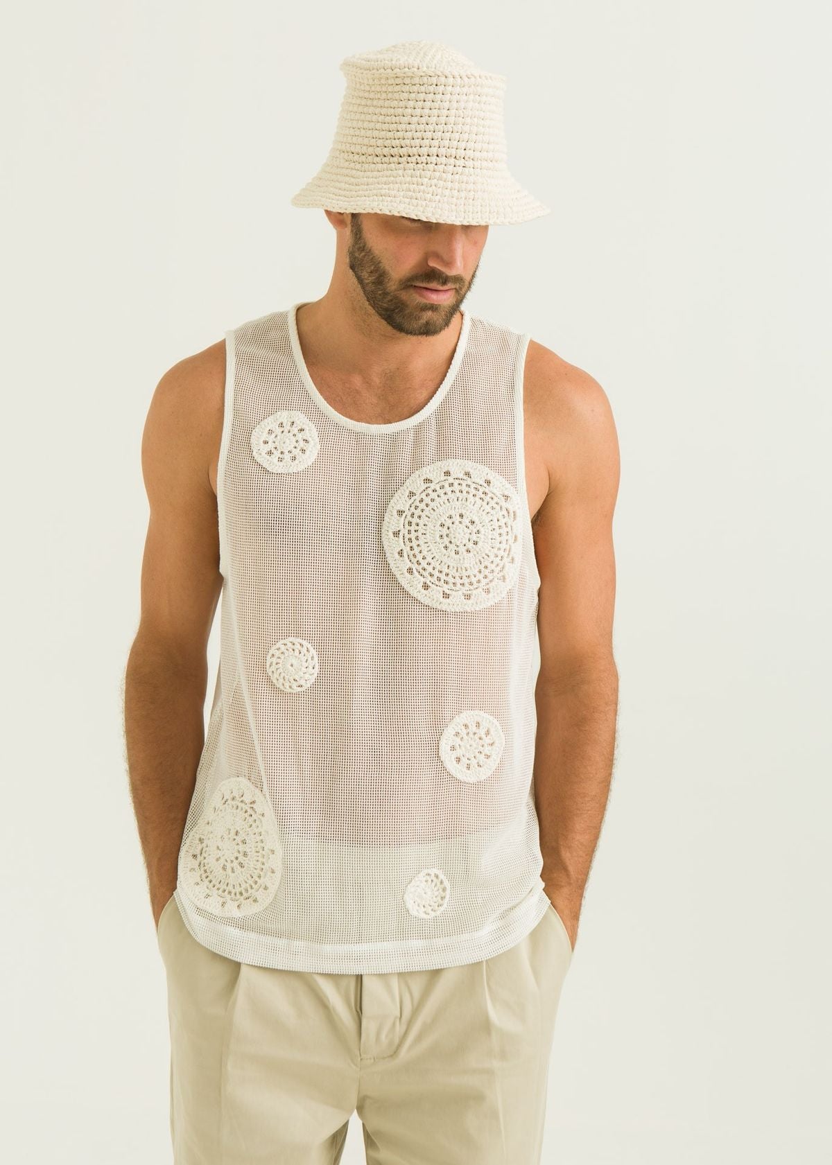 Regata Tela com Crochê - Off White
