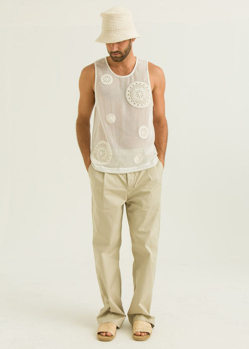 Regata Tela com Crochê - Off White