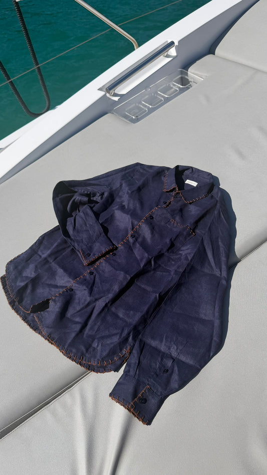 Camisa Linho Jamile - Azul Oceano com Bordado