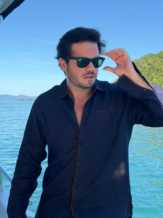 Camisa Linho Jamile - Azul Oceano com Bordado
