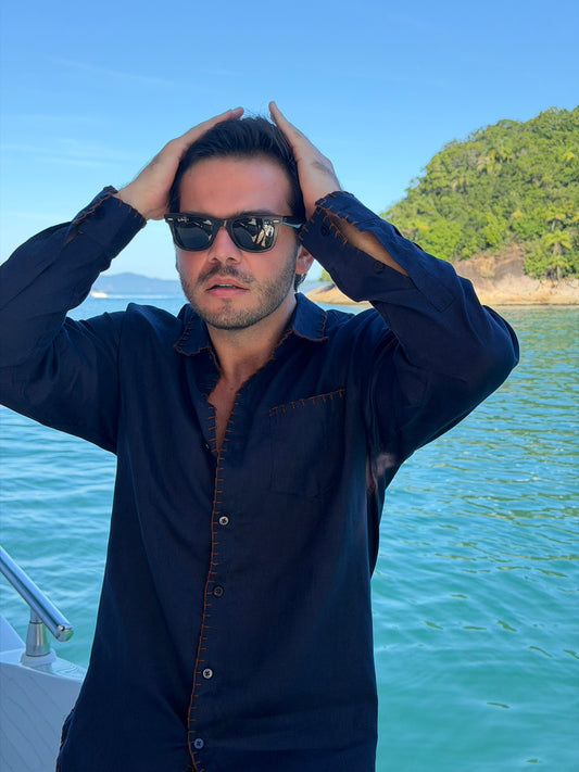 Camisa Linho Jamile - Azul Oceano com Bordado