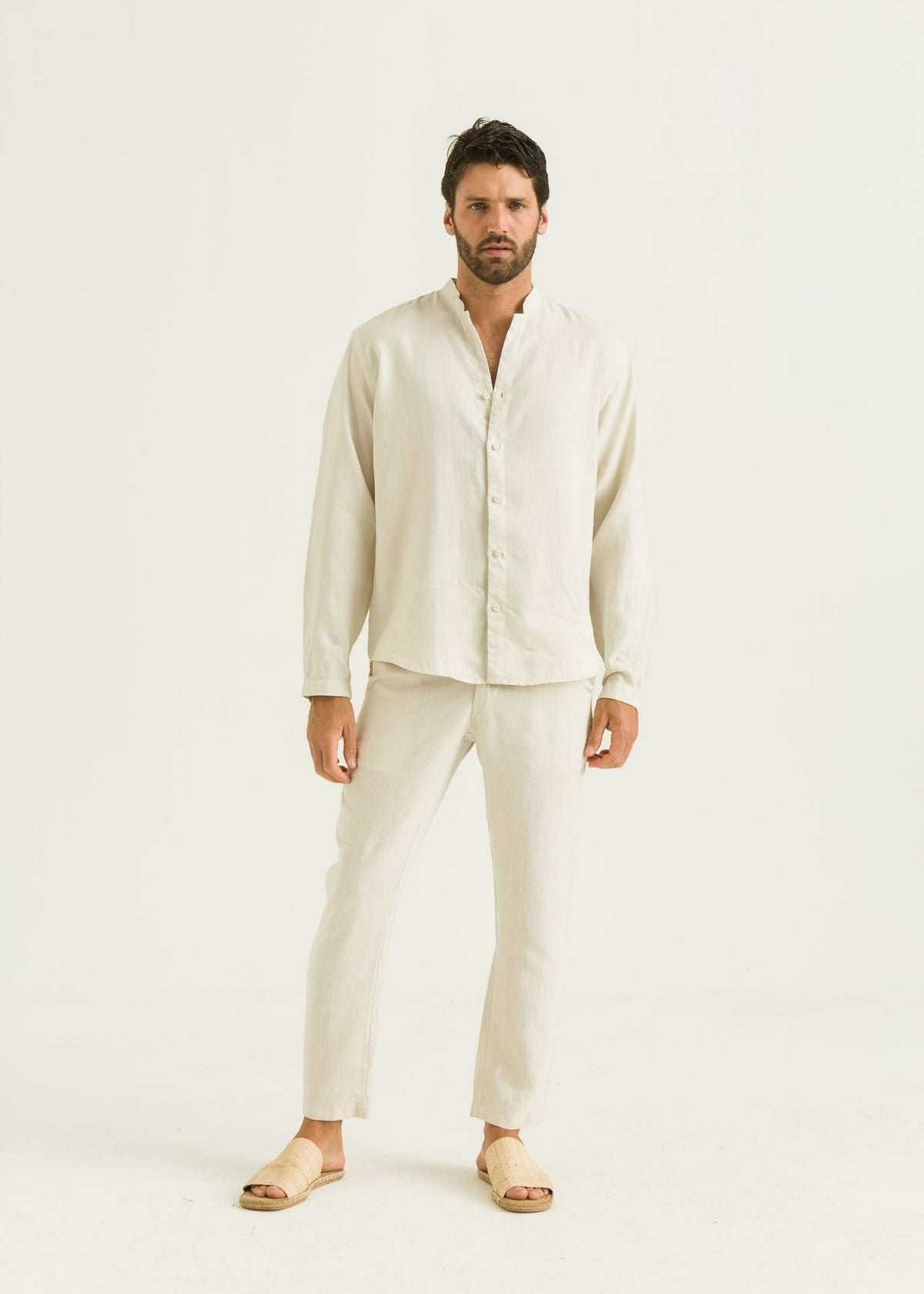 Camisa de Linho Gola Padre ML - Natural