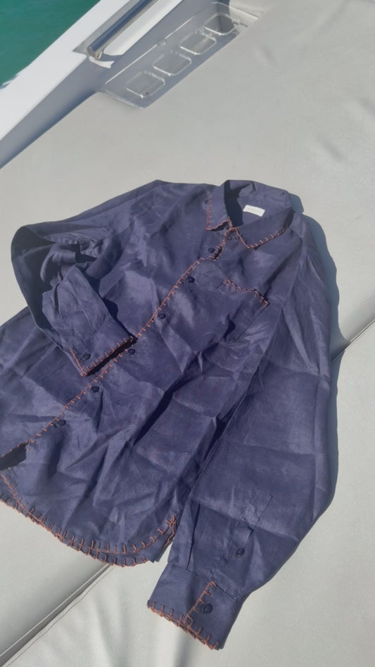 Camisa Linho Jamile - Azul Oceano com Bordado
